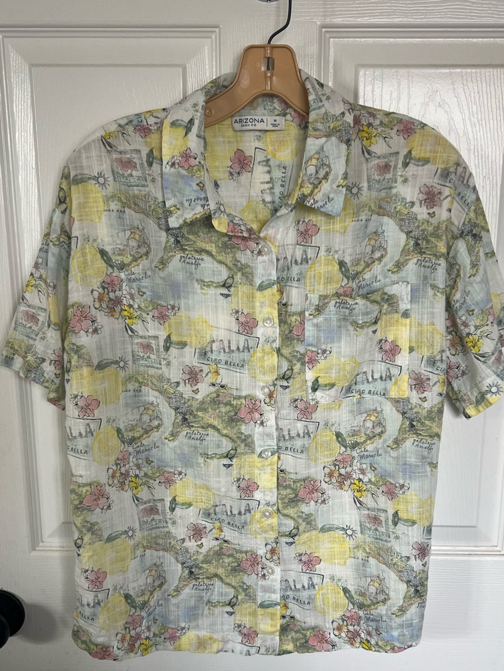 Vintage 90s Arizona Jean Co Italy Map Camp Shirt Short Sleeve Button Up Y2K M